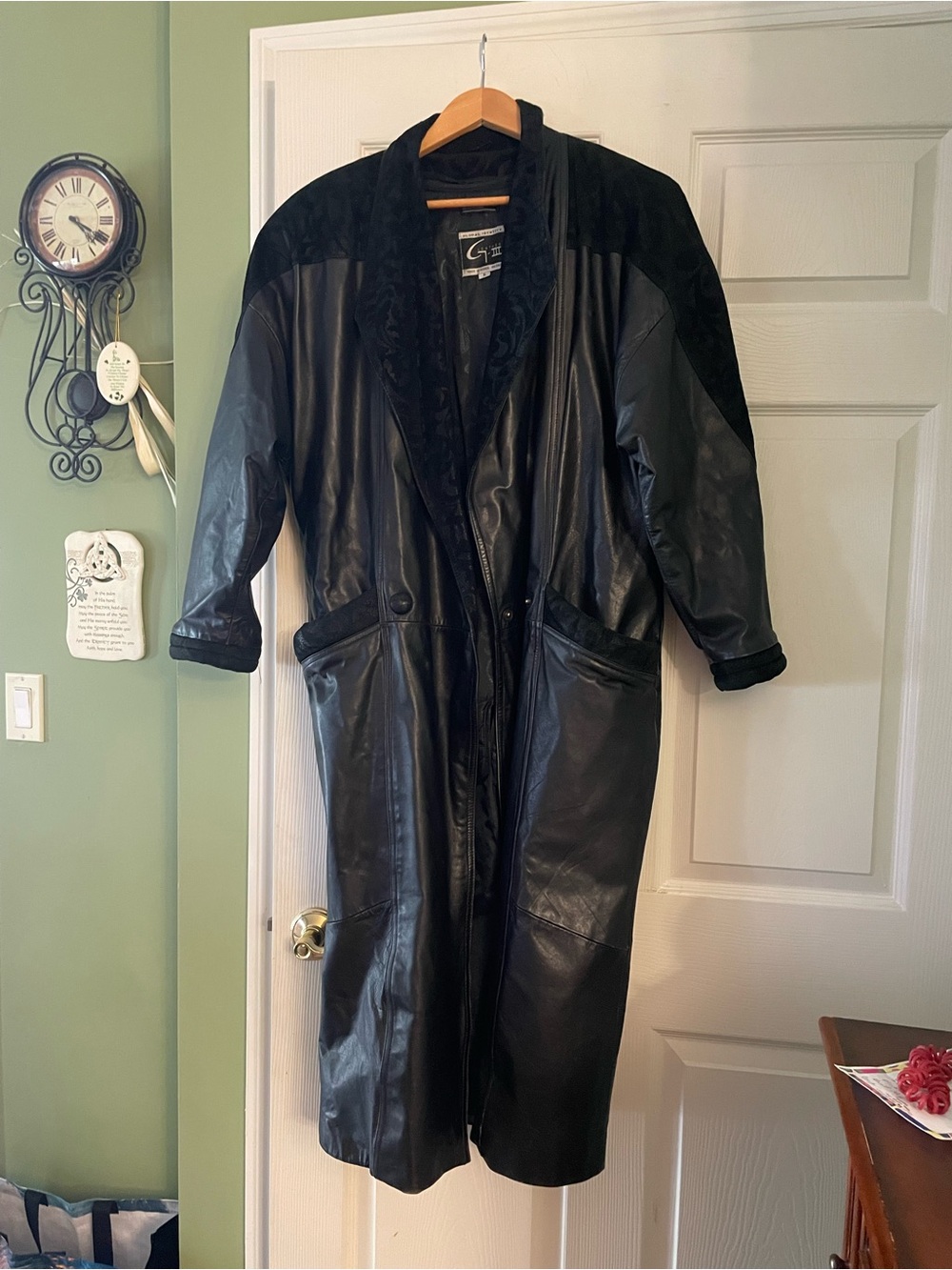 Vintage  Black Leather Trench with Velvet Yoke